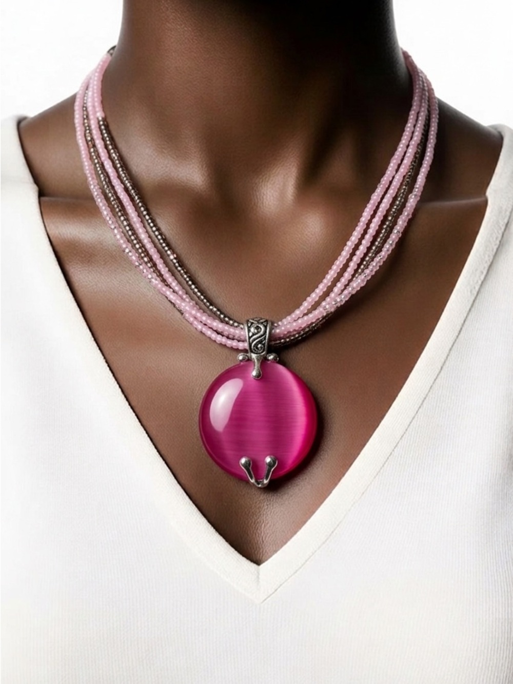 2006 Premier Designs "Katrina" Pink Cat’s Eye Pendant Multi Strand Beads - Picture 6 of 10